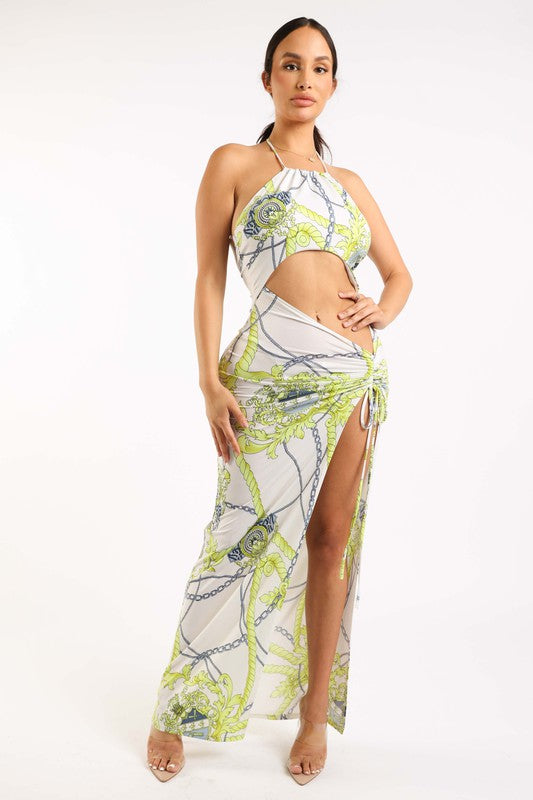 Printed halter maxi dress