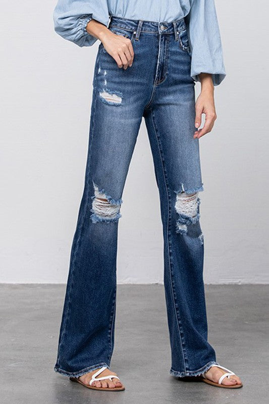 HIGH RISE FRAYED HEM FLARE JEANS