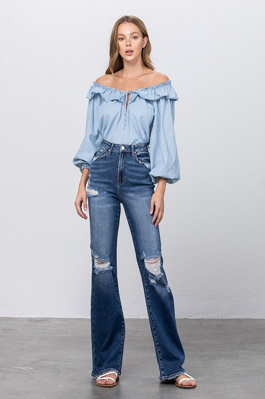 HIGH RISE FRAYED HEM FLARE JEANS