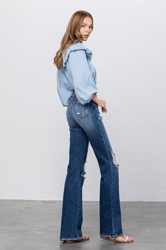 HIGH RISE FRAYED HEM FLARE JEANS