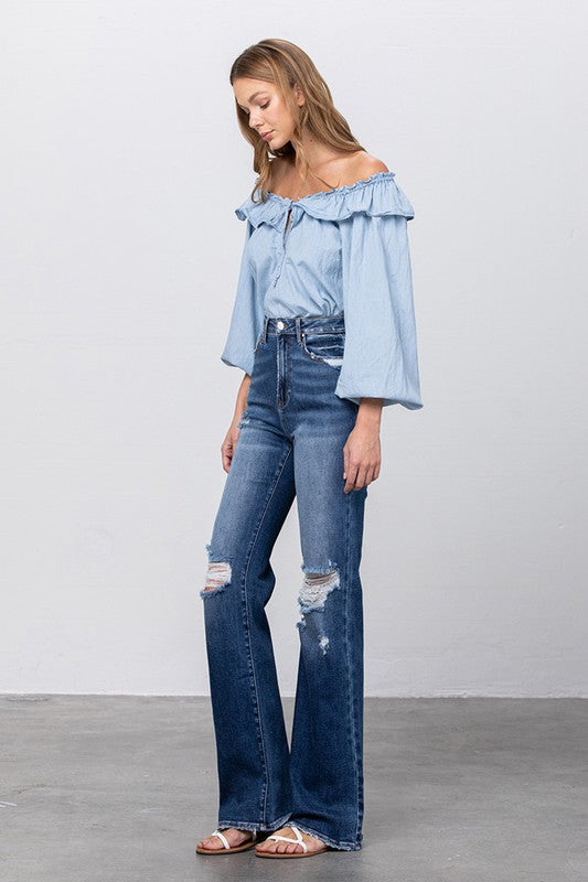 HIGH RISE FRAYED HEM FLARE JEANS