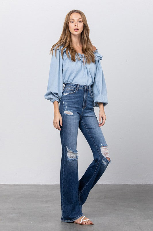 HIGH RISE FRAYED HEM FLARE JEANS