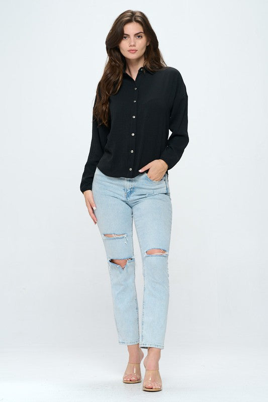 Button down collared long sleeve blouse