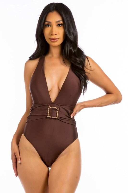 Fancy Square Buckle One Piece Swimsuit