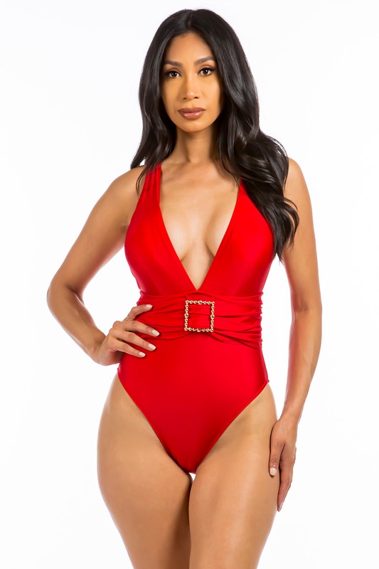 Fancy Square Buckle One Piece Swimsuit