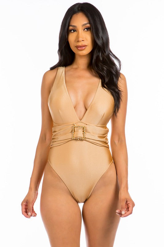 Fancy Square Buckle One Piece Swimsuit